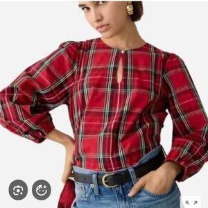 J. Crew Puff-sleeve Poplin Blouse in Good Tidings Plaid Size Small